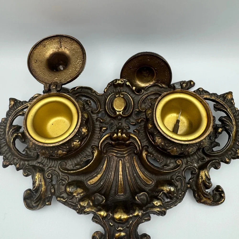 Antique Ornate Victorian Brass Double Inkwell Desk Set BW 125 1930s Broken Hinge